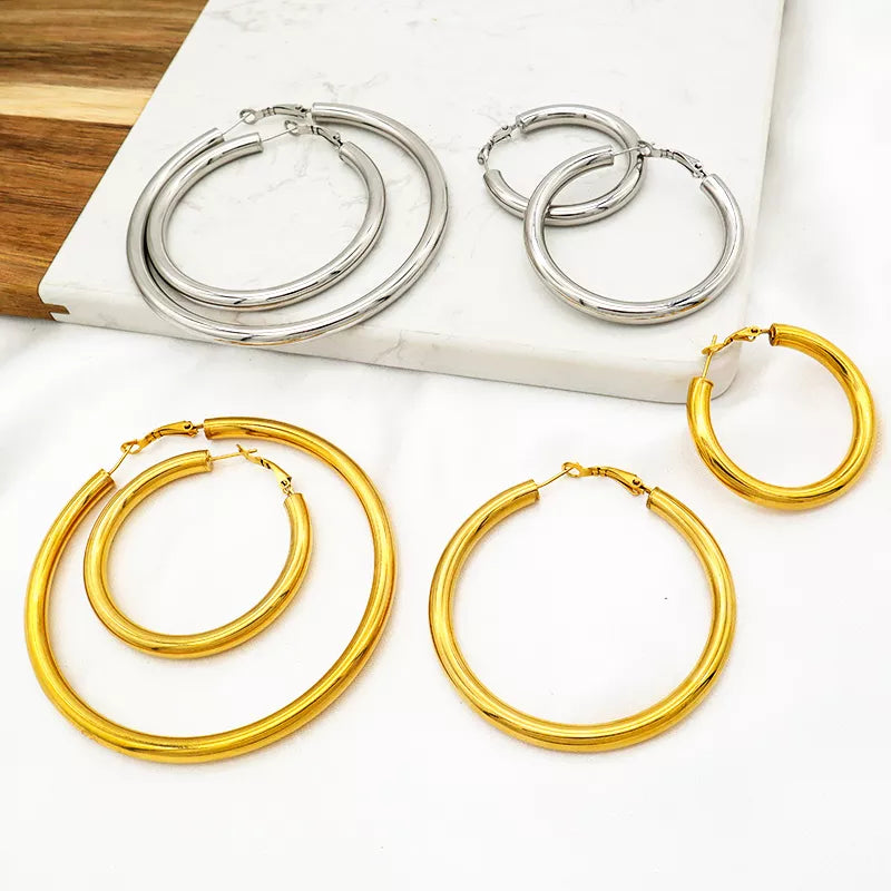 High Quality Trendy Women Girl Earring Gold Plated Stainless Steel Chunky Hoops Earrings