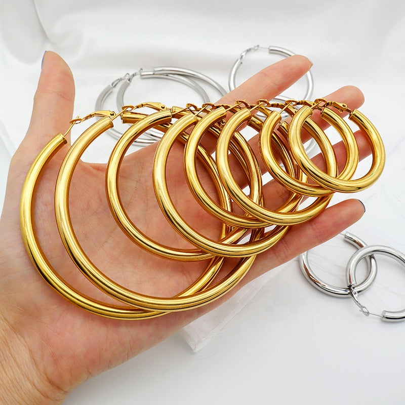 High Quality Trendy Women Girl Earring Gold Plated Stainless Steel Chunky Hoops Earrings