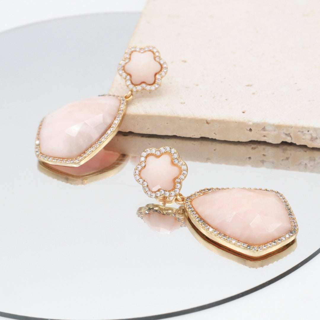 Wholesale Custom Manufacture Factory Pink Teardrop Earring Stud Micro Pave CZ Gold Plated Natural Stone Earrings For Women Gift