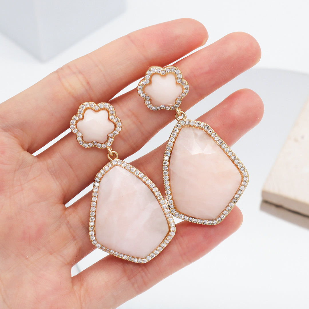 Wholesale Custom Manufacture Factory Pink Teardrop Earring Stud Micro Pave CZ Gold Plated Natural Stone Earrings For Women Gift