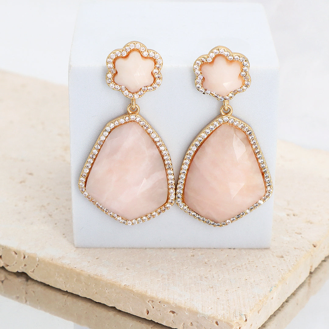 Wholesale Custom Manufacture Factory Pink Teardrop Earring Stud Micro Pave CZ Gold Plated Natural Stone Earrings For Women Gift