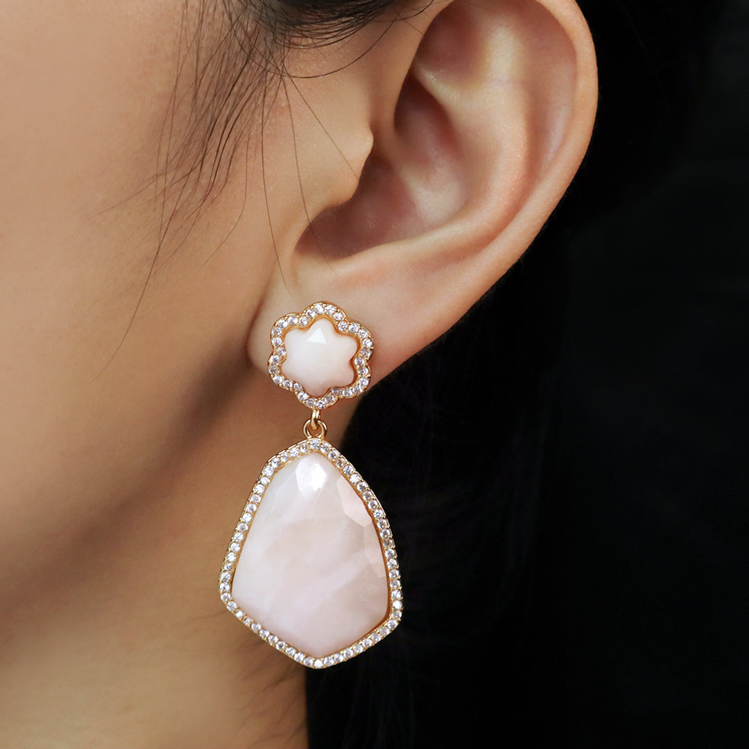 Wholesale Custom Manufacture Factory Pink Teardrop Earring Stud Micro Pave CZ Gold Plated Natural Stone Earrings For Women Gift