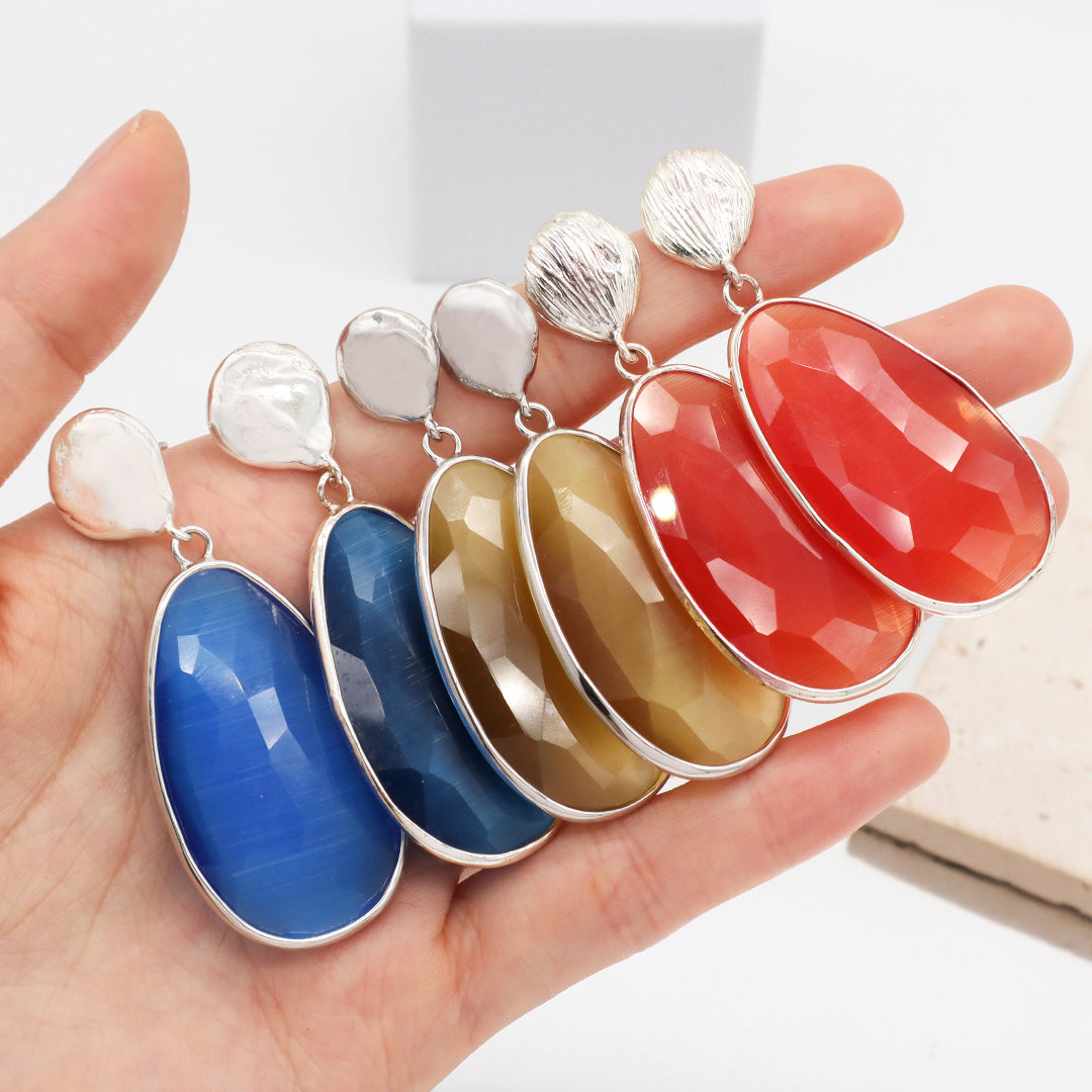 Custom Women Gift Jewelry Wholesale Factory Blue Orange Teardrop Natural Stone Earring Stud Rhodium Plated Cat's Eye Earrings