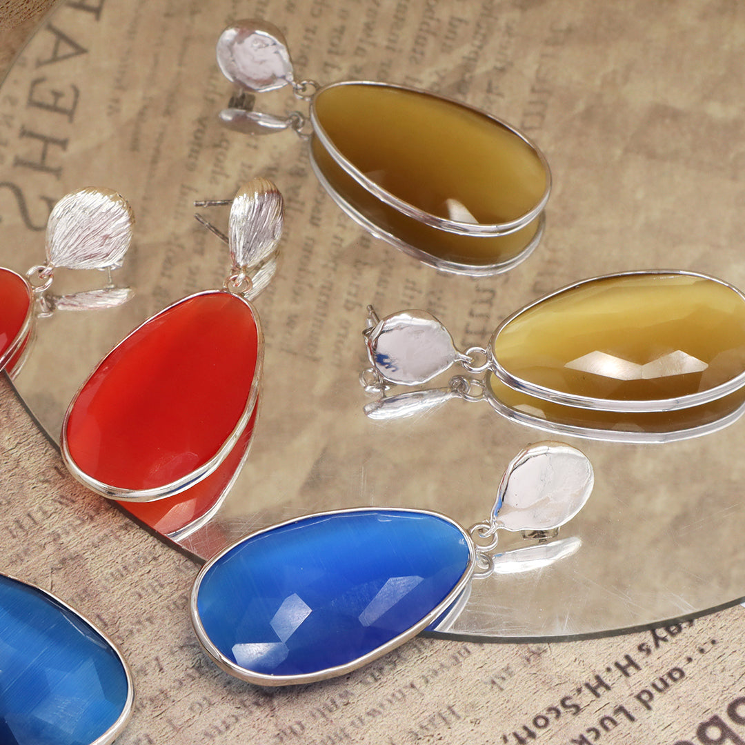Custom Women Gift Jewelry Wholesale Factory Blue Orange Teardrop Natural Stone Earring Stud Rhodium Plated Cat's Eye Earrings