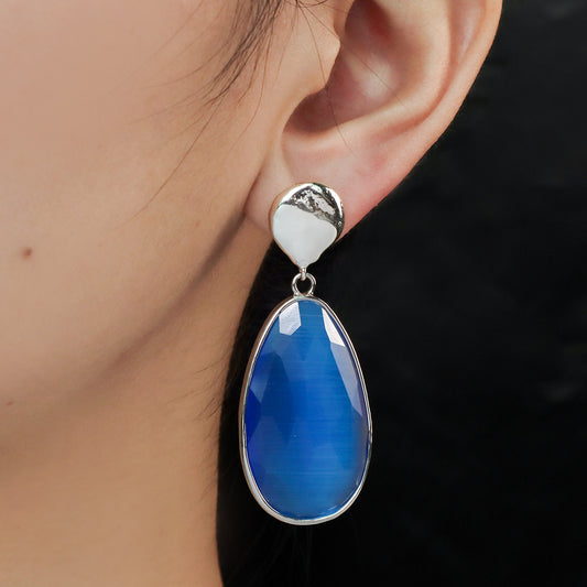 Custom Women Gift Jewelry Wholesale Factory Blue Orange Teardrop Natural Stone Earring Stud Rhodium Plated Cat's Eye Earrings
