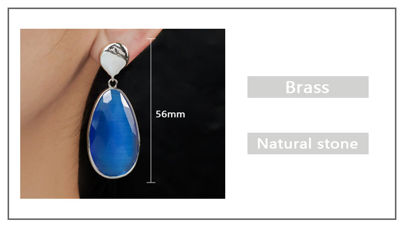 Custom Women Gift Jewelry Wholesale Factory Blue Orange Teardrop Natural Stone Earring Stud Rhodium Plated Cat's Eye Earrings