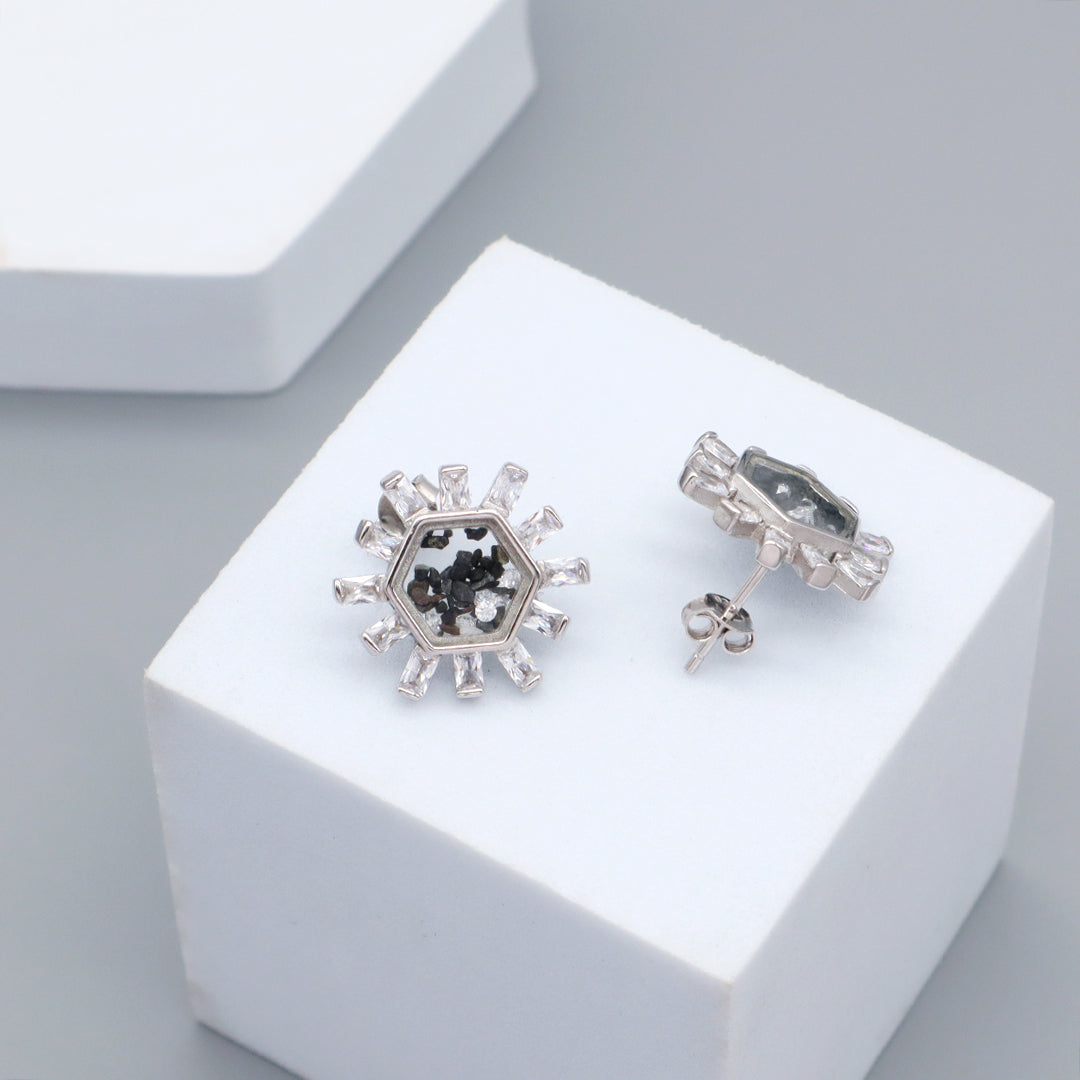 Good Quality New Fashion Manufacture Wholesale China Factory Custom Hexagon Glass Mirror CZ Rhodium Plated 925 Sterling Silver Stud Earring For Women Gift