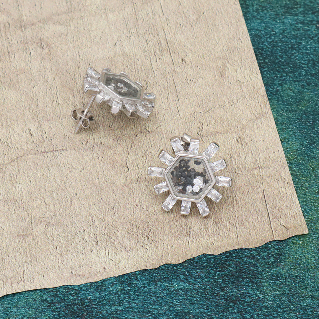 Good Quality New Fashion Manufacture Wholesale China Factory Custom Hexagon Glass Mirror CZ Rhodium Plated 925 Sterling Silver Stud Earring For Women Gift