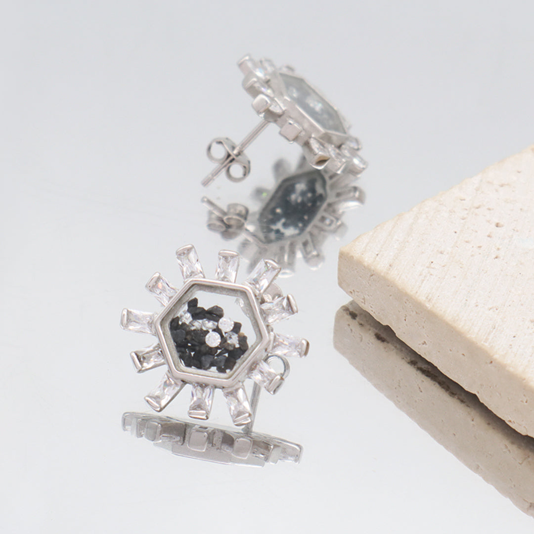 Good Quality New Fashion Manufacture Wholesale China Factory Custom Hexagon Glass Mirror CZ Rhodium Plated 925 Sterling Silver Stud Earring For Women Gift