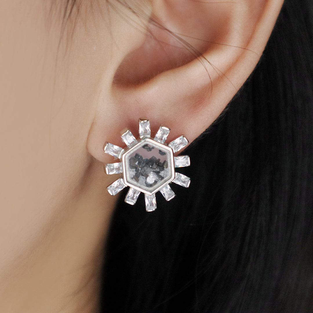 Good Quality New Fashion Manufacture Wholesale China Factory Custom Hexagon Glass Mirror CZ Rhodium Plated 925 Sterling Silver Stud Earring For Women Gift