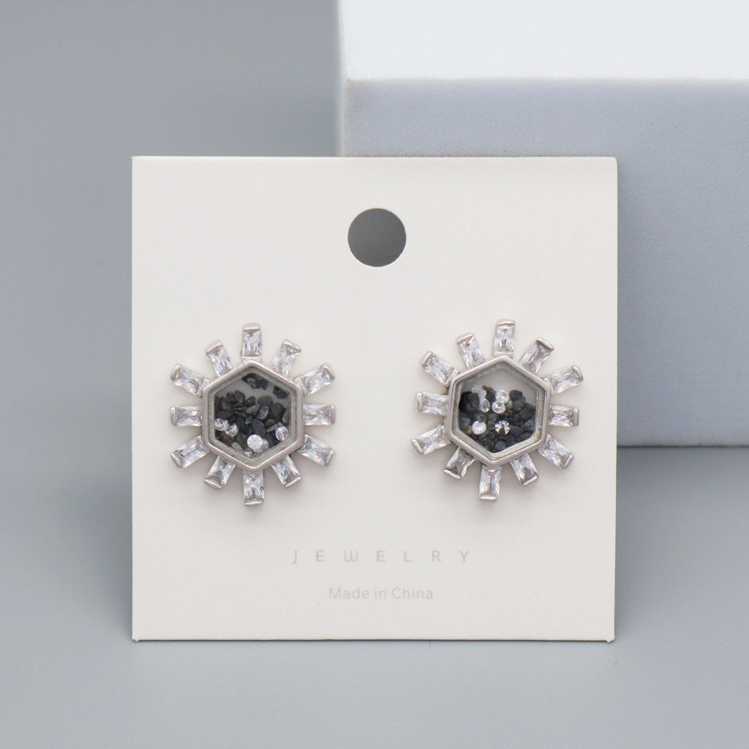 Good Quality New Fashion Manufacture Wholesale China Factory Custom Hexagon Glass Mirror CZ Rhodium Plated 925 Sterling Silver Stud Earring For Women Gift