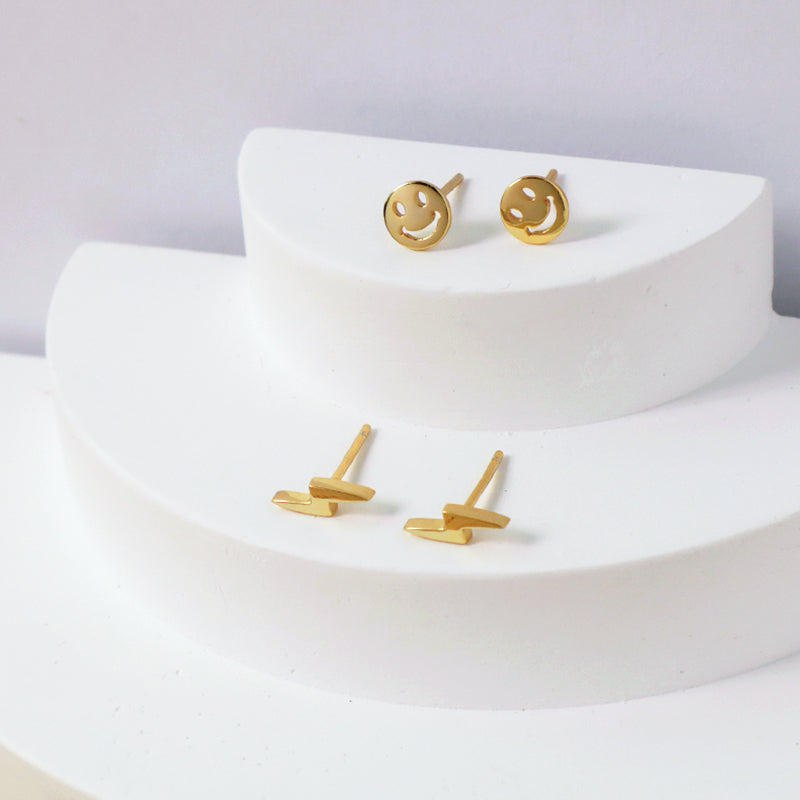 New Arrival Custom Wholesale Gold Plated Lightning Round Hollowed Smiley Face Sterling Silver 925 Stud Earrings For Women Gift