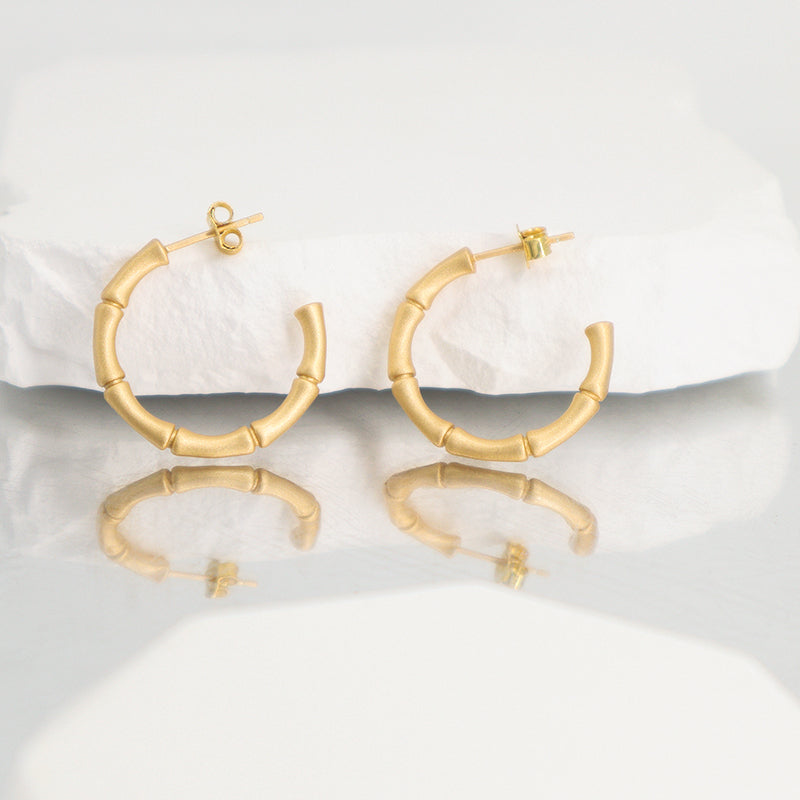 Wholesale Manufacture Customized New Arrival Fashion Women Gift Gold Plated 925 Sterling Silver Frosted Bamboo Hoop Earrings