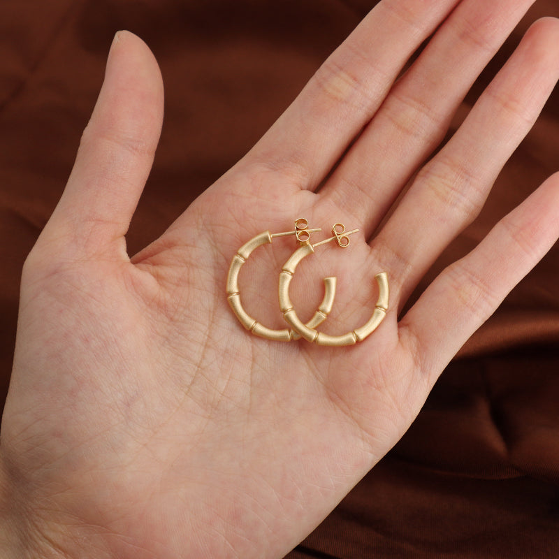 Wholesale Manufacture Customized New Arrival Fashion Women Gift Gold Plated 925 Sterling Silver Frosted Bamboo Hoop Earrings