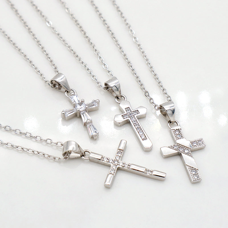 European style 925 sterling silver CZ diamond christian catholic cross pendant chain jewelry necklace