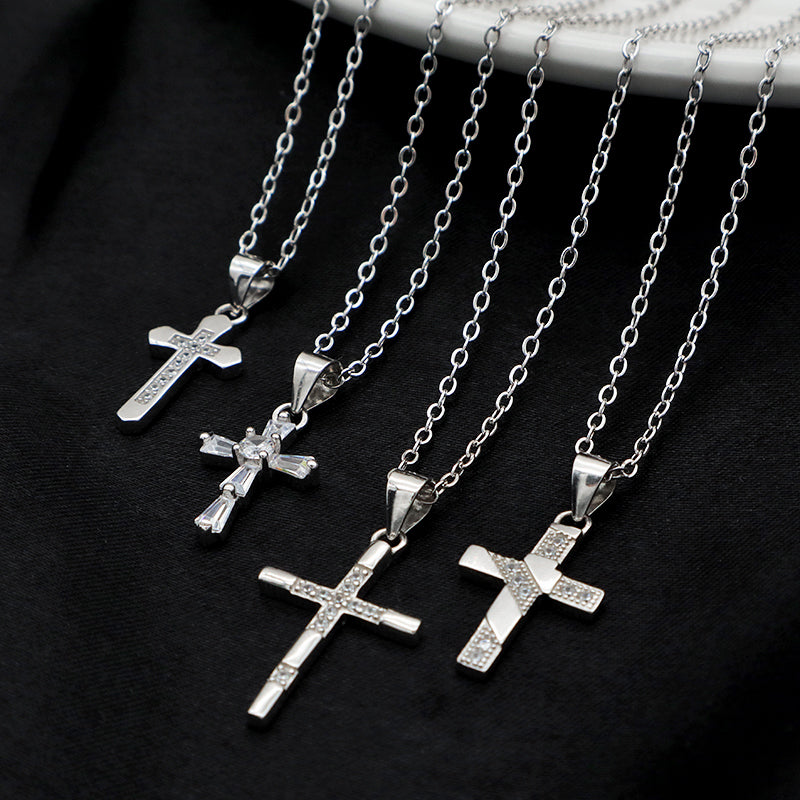 European style 925 sterling silver CZ diamond christian catholic cross pendant chain jewelry necklace