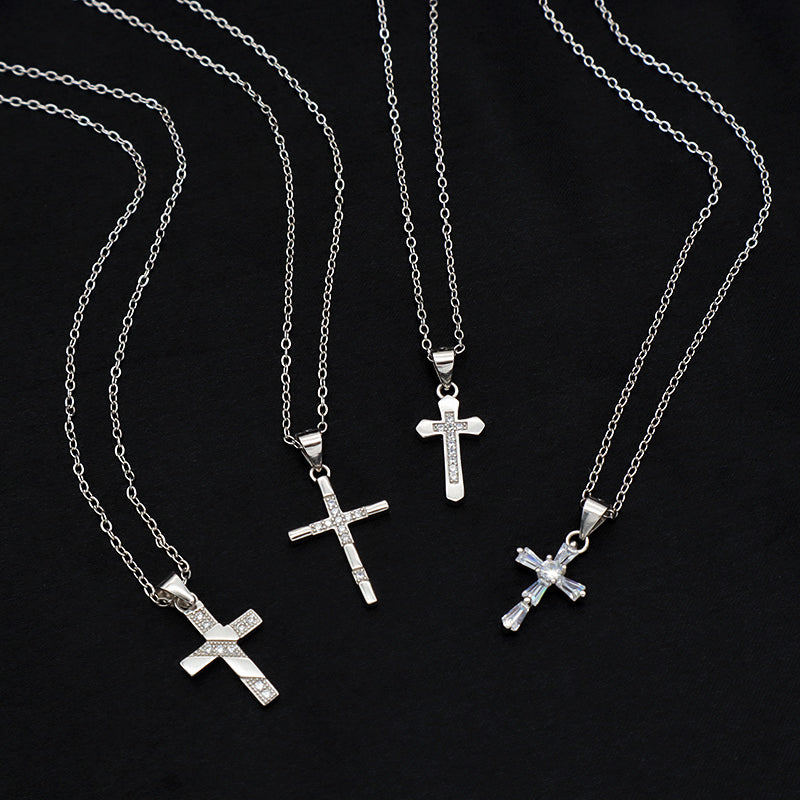 European style 925 sterling silver CZ diamond christian catholic cross pendant chain jewelry necklace