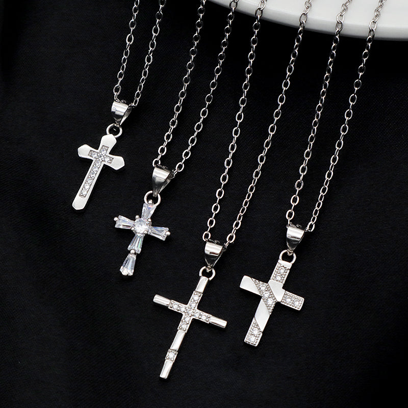 European style 925 sterling silver CZ diamond christian catholic cross pendant chain jewelry necklace