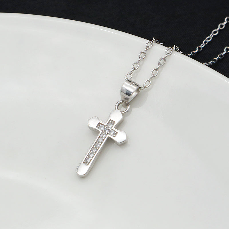 European style 925 sterling silver CZ diamond christian catholic cross pendant chain jewelry necklace