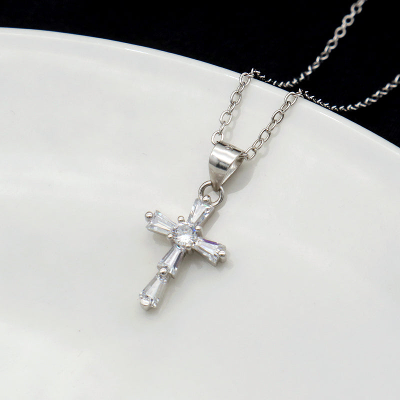 European style 925 sterling silver CZ diamond christian catholic cross pendant chain jewelry necklace