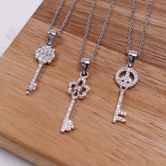 925 sterling silver claw setting high quality shinny CZ diamond key pendant & 925 silver chain necklace