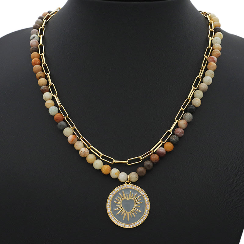 Double Layer Brass Chain OT Buckle Choker Necklace Jewelry ODM Factory Manufacture Women Gold plated CZ Round Enamel Pendant Natural Stone necklace