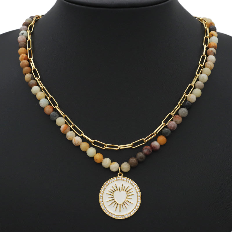 Double Layer Brass Chain OT Buckle Choker Necklace Jewelry ODM Factory Manufacture Women Gold plated CZ Round Enamel Pendant Natural Stone necklace