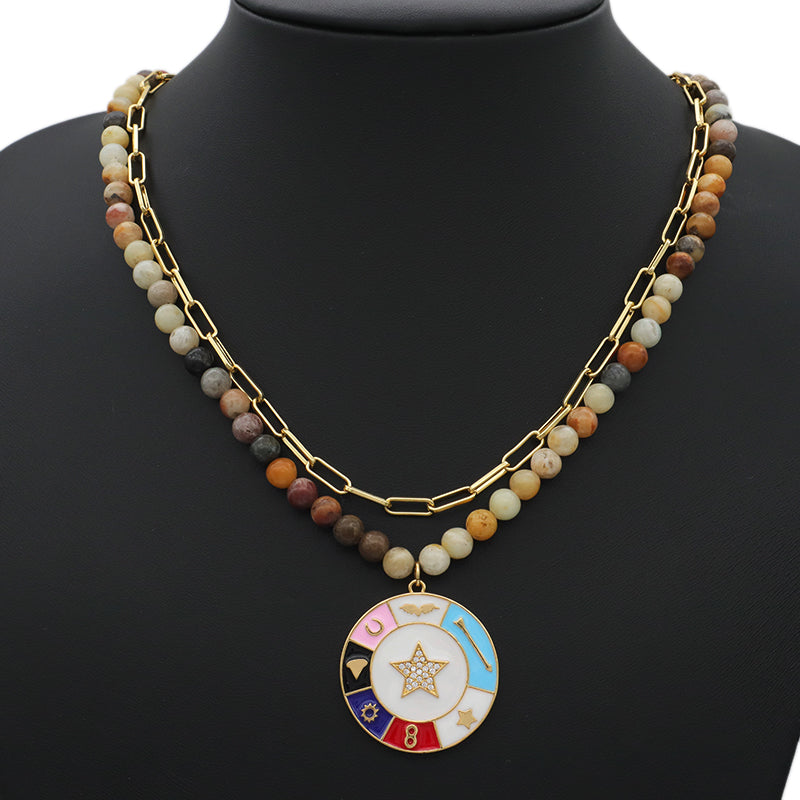 Double Layer Brass Chain OT Buckle Choker Necklace Jewelry ODM Factory Manufacture Women Gold plated CZ Round Enamel Pendant Natural Stone necklace