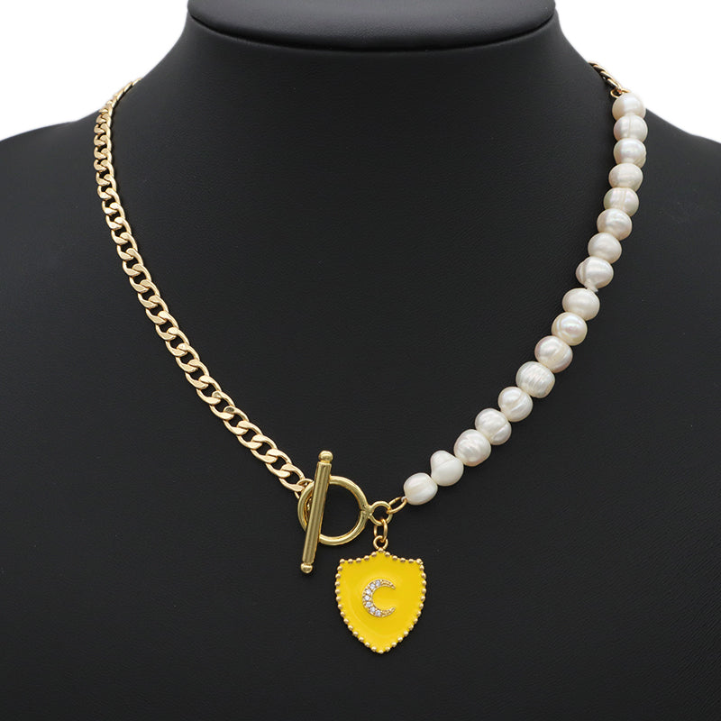 OEM Factory Manufacture Gold plated OT Clasp Enamel CZ moon Charm Pendant Choker Handmade Fresh water pearl necklace for teen girl women