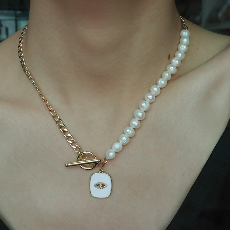 OT Buckle Chain Choker Evil Eyes Pendant Fresh Water Pearl Necklace OEM Gold Plated Enamel Heart Evil Eyes Pendant Necklace