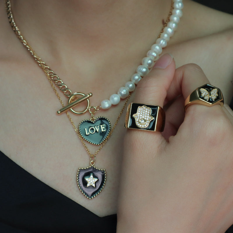 OT Buckle Chain Choker Evil Eyes Pendant Fresh Water Pearl Necklace OEM Gold Plated Enamel Heart Evil Eyes Pendant Necklace