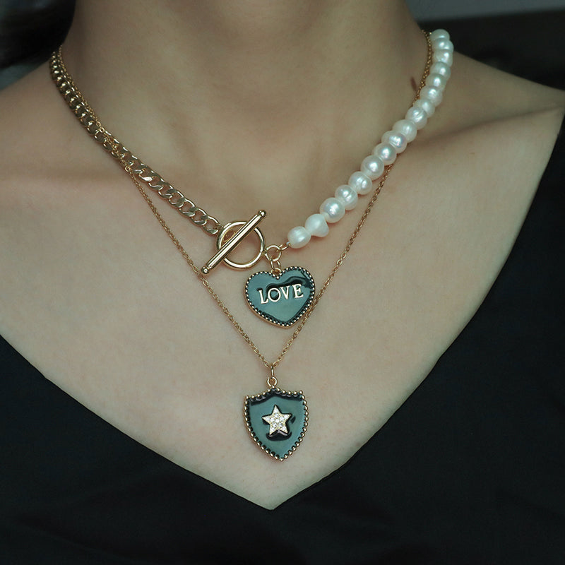 OT Buckle Chain Choker Evil Eyes Pendant Fresh Water Pearl Necklace OEM Gold Plated Enamel Heart Evil Eyes Pendant Necklace