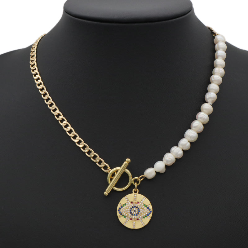 OT Buckle Chain Choker Evil Eyes Pendant Fresh Water Pearl Necklace OEM Gold Plated Enamel Heart Evil Eyes Pendant Necklace