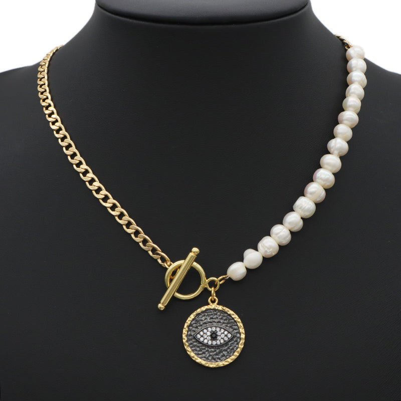 OT Buckle Chain Choker Evil Eyes Pendant Fresh Water Pearl Necklace OEM Gold Plated Enamel Heart Evil Eyes Pendant Necklace