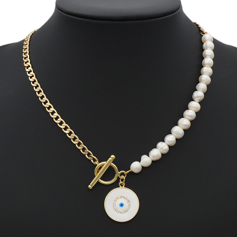 OT Buckle Chain Choker Evil Eyes Pendant Fresh Water Pearl Necklace OEM Gold Plated Enamel Heart Evil Eyes Pendant Necklace