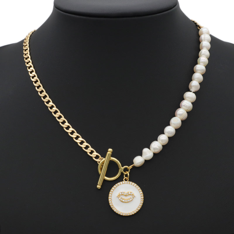 OT Buckle Chain Choker Evil Eyes Pendant Fresh Water Pearl Necklace OEM Gold Plated Enamel Heart Evil Eyes Pendant Necklace