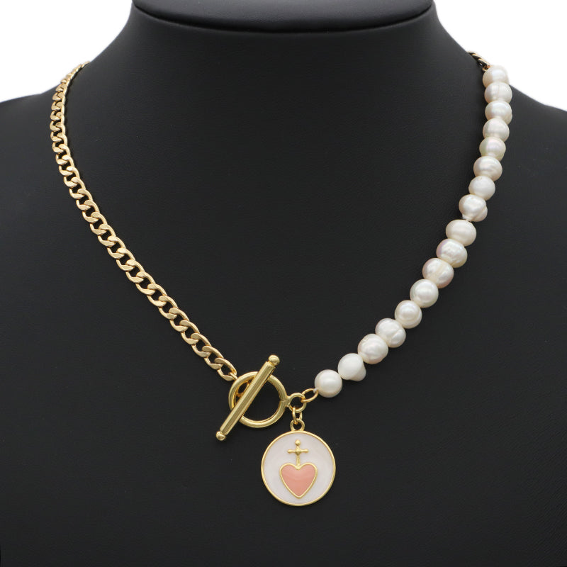 OT Buckle Chain Choker Evil Eyes Pendant Fresh Water Pearl Necklace OEM Gold Plated Enamel Heart Evil Eyes Pendant Necklace