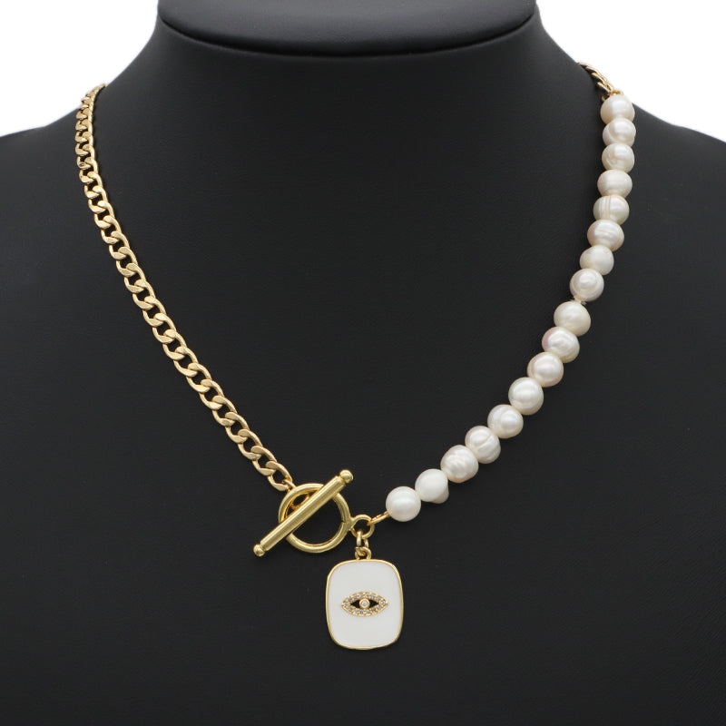 OT Buckle Chain Choker Evil Eyes Pendant Fresh Water Pearl Necklace OEM Gold Plated Enamel Heart Evil Eyes Pendant Necklace