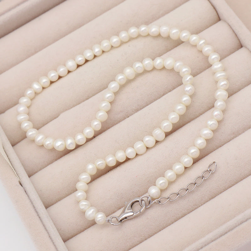Rhodium Plated 925 Sterling Silver Chain Gift Handmade Adjustable 5mm Baroque Natural Freshwater Pearl Choker Necklace