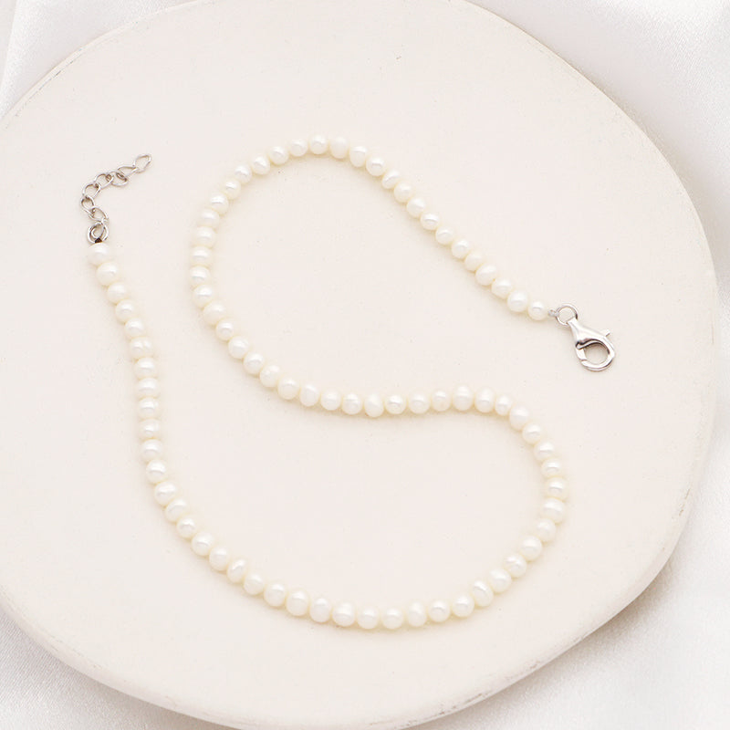 Rhodium Plated 925 Sterling Silver Chain Gift Handmade Adjustable 5mm Baroque Natural Freshwater Pearl Choker Necklace