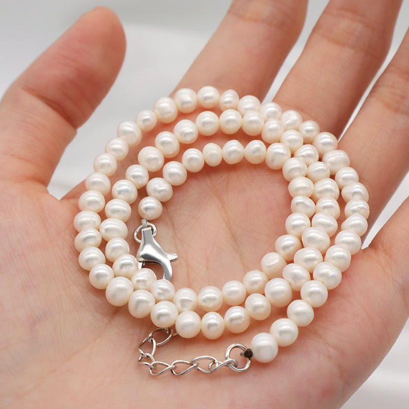Rhodium Plated 925 Sterling Silver Chain Gift Handmade Adjustable 5mm Baroque Natural Freshwater Pearl Choker Necklace