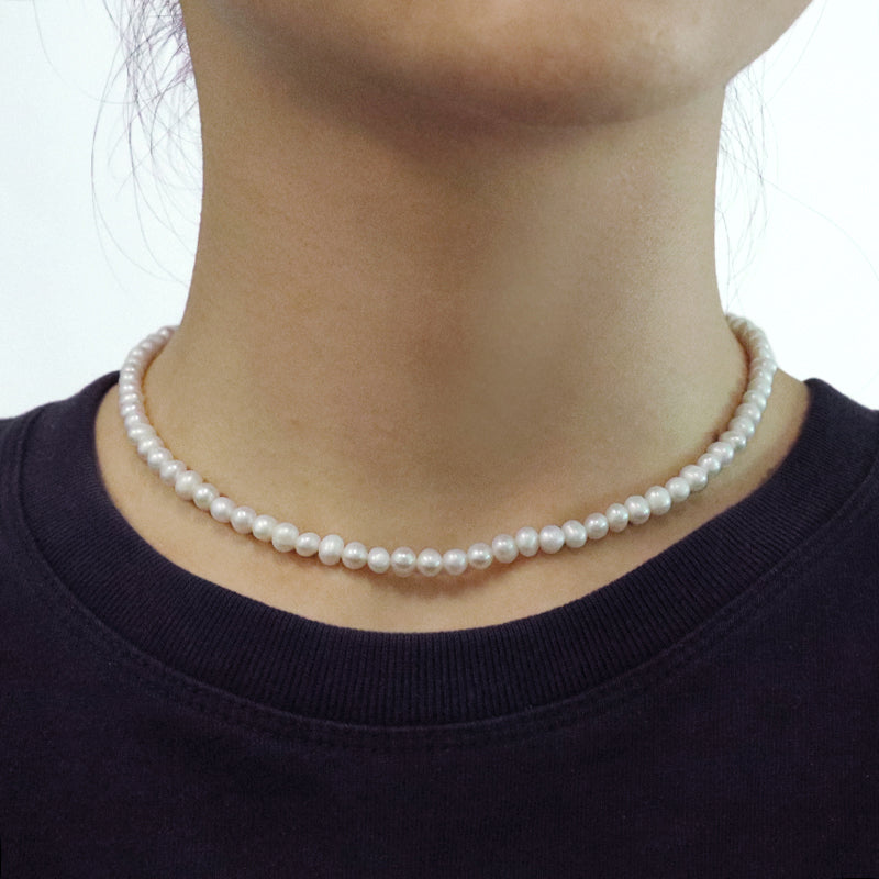 Rhodium Plated 925 Sterling Silver Chain Gift Handmade Adjustable 5mm Baroque Natural Freshwater Pearl Choker Necklace