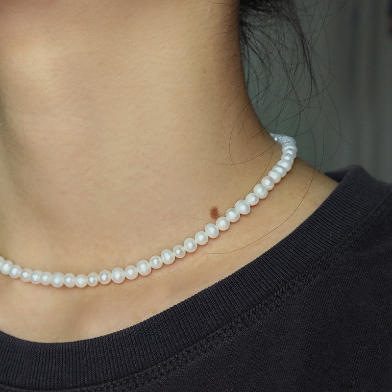 Rhodium Plated 925 Sterling Silver Chain Gift Handmade Adjustable 5mm Baroque Natural Freshwater Pearl Choker Necklace