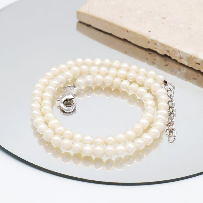 Rhodium Plated 925 Sterling Silver Chain Gift Handmade Adjustable 5mm Baroque Natural Freshwater Pearl Choker Necklace