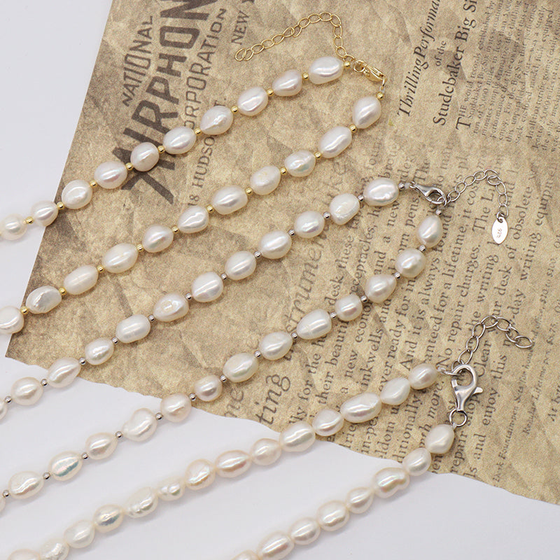 925 Sterling Silver Chain Adjustable Custom Classic Jewelry Handmade Baroque Natural Freshwater Pearl Choker Necklace For Gift 7-8mm