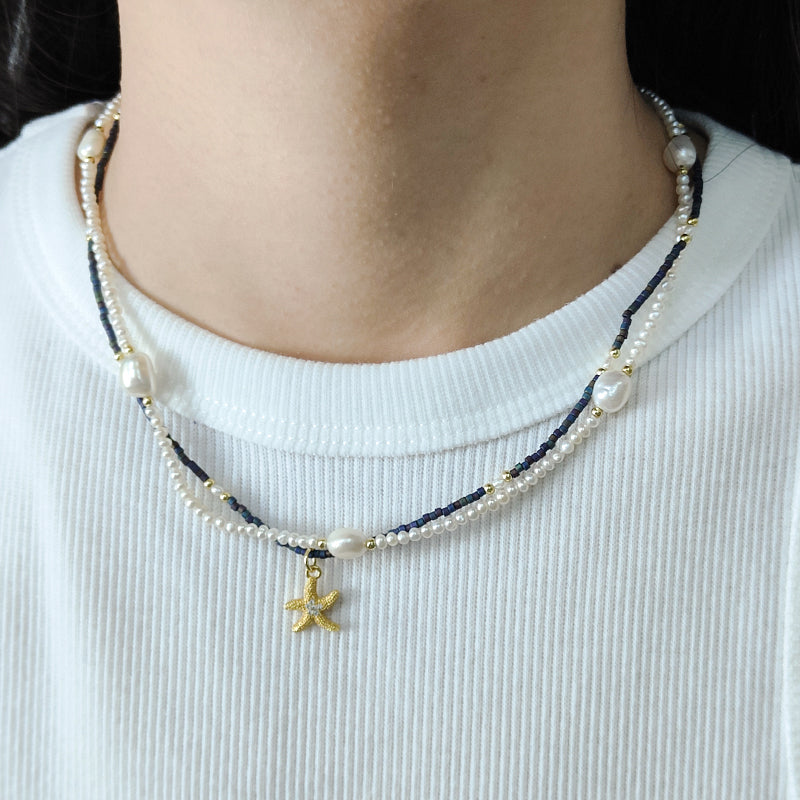Double Layer Customized Women Handmade Adjustable Gold Plated Freshwater Pearl Miyuki Beads Shell Starfish Conch Pendant Necklace