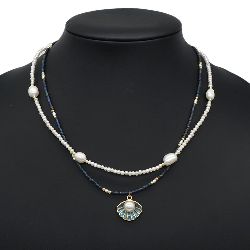 Double Layer Customized Women Handmade Adjustable Gold Plated Freshwater Pearl Miyuki Beads Shell Starfish Conch Pendant Necklace