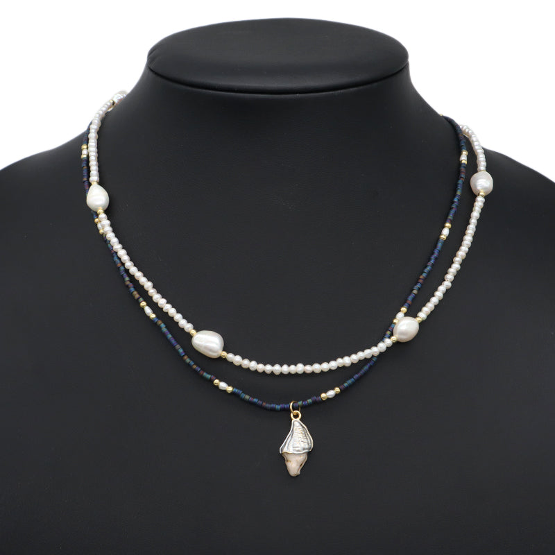Double Layer Customized Women Handmade Adjustable Gold Plated Freshwater Pearl Miyuki Beads Shell Starfish Conch Pendant Necklace