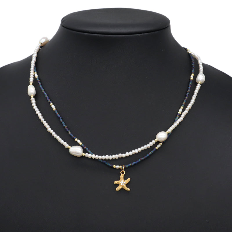 Double Layer Customized Women Handmade Adjustable Gold Plated Freshwater Pearl Miyuki Beads Shell Starfish Conch Pendant Necklace