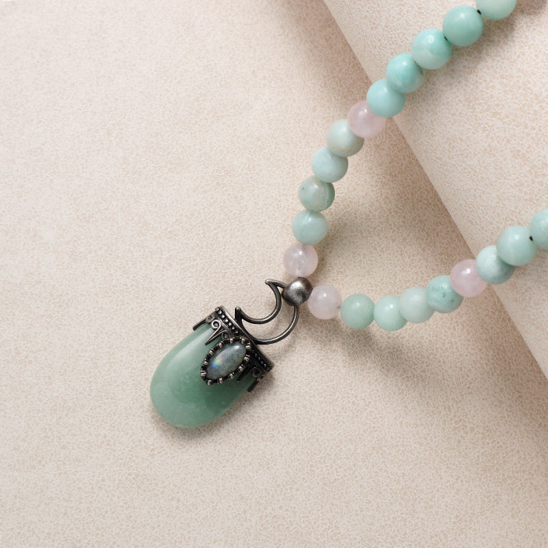 OEM Handmade Wholesale Customized Adjustable Woven Cord 8mm Natural Stone Beads Moon Pendant Macrame Necklace For Men Women